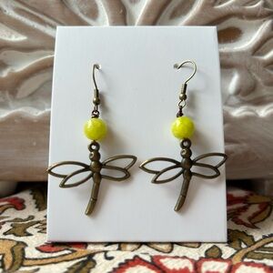 Dragonfly Handmade Earrings with Yellow-Green Bead - 1.5” drop - New